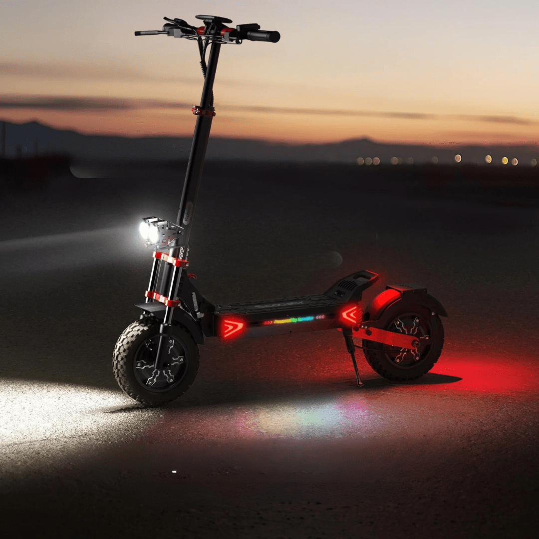 Elsparkcykel iScooter iX8 på väg i solnedgång – kraftfull och miljövänlig eldriven scooter för stad och terräng