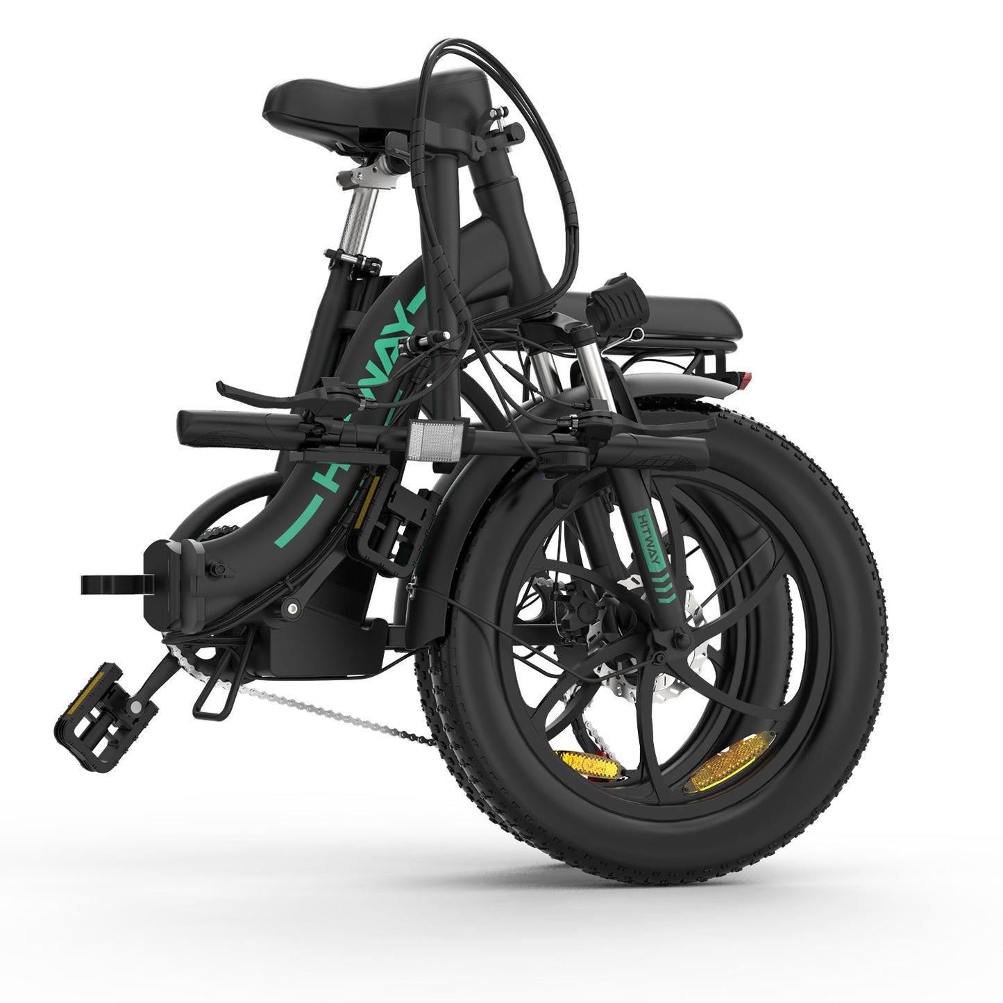 Hopfälld HITWAY BK6S 3.0 svart elcykel som visar dess kompakta och praktiska design för transport och förvaring