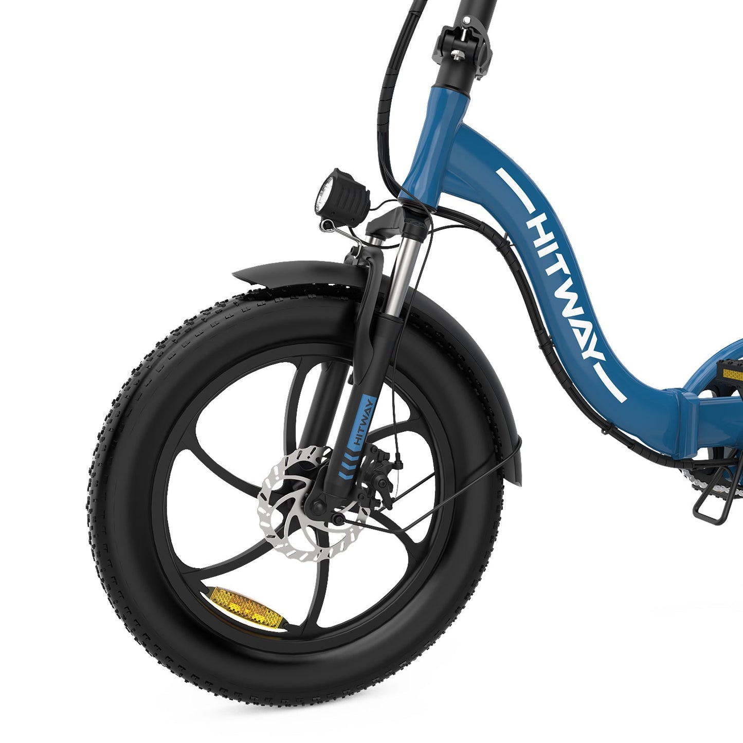 Närbild på HITWAY BK6S 3.0 blå elcykel med breda däck, skivbroms och robust framgaffel för stabil och säker körning