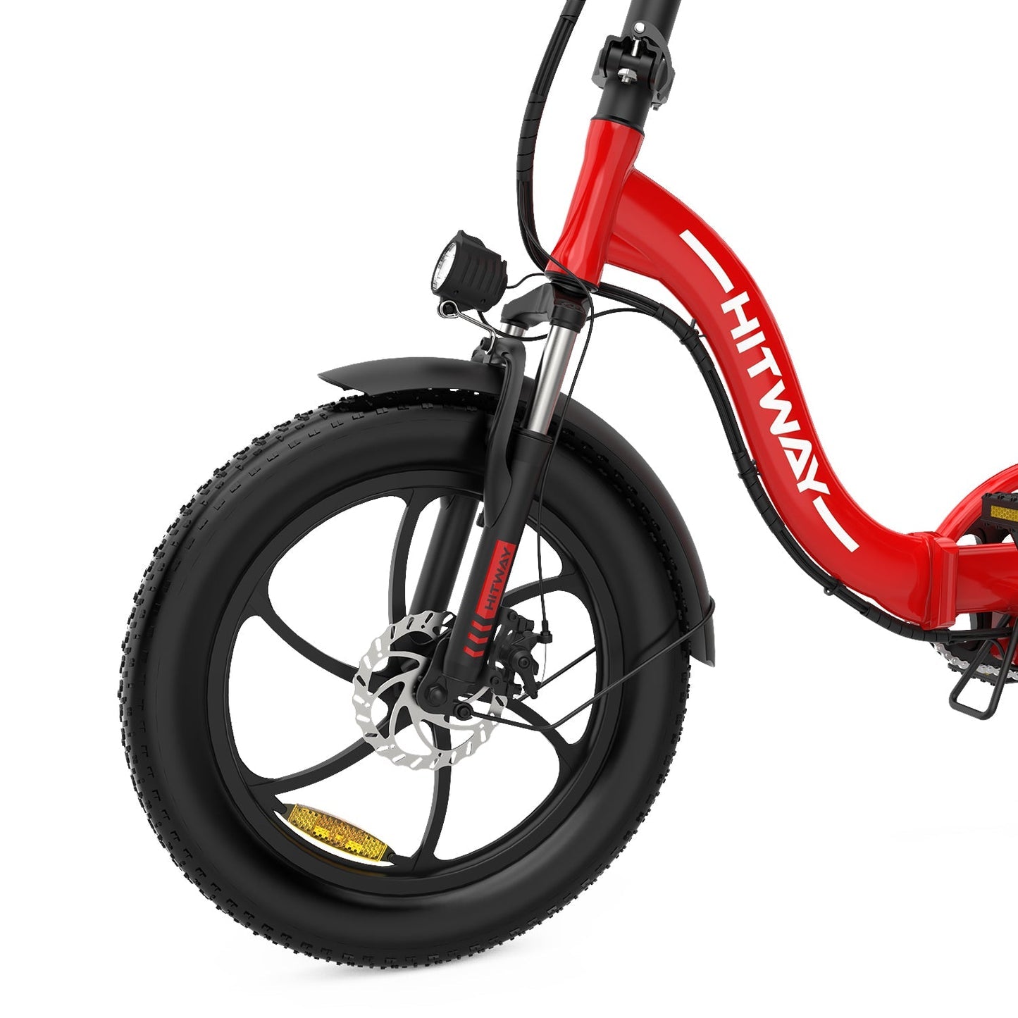 Närbild på HITWAY BK6S 3.0 röd elcykel med breda däck, skivbroms och robust framgaffel för stabil och säker körning