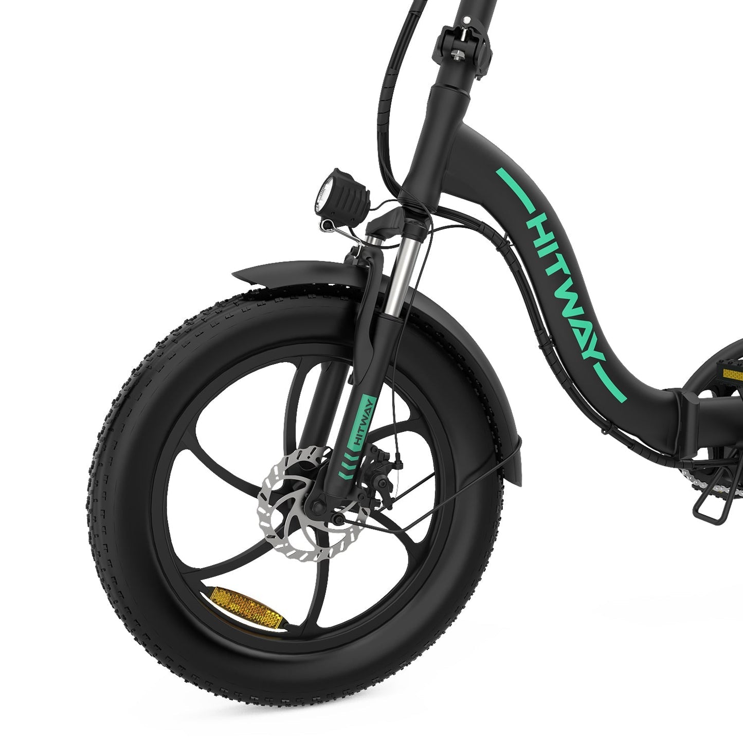 Närbild på HITWAY BK6S 3.0 svart elcykel med breda däck, skivbroms och robust framgaffel för extra stabilitet