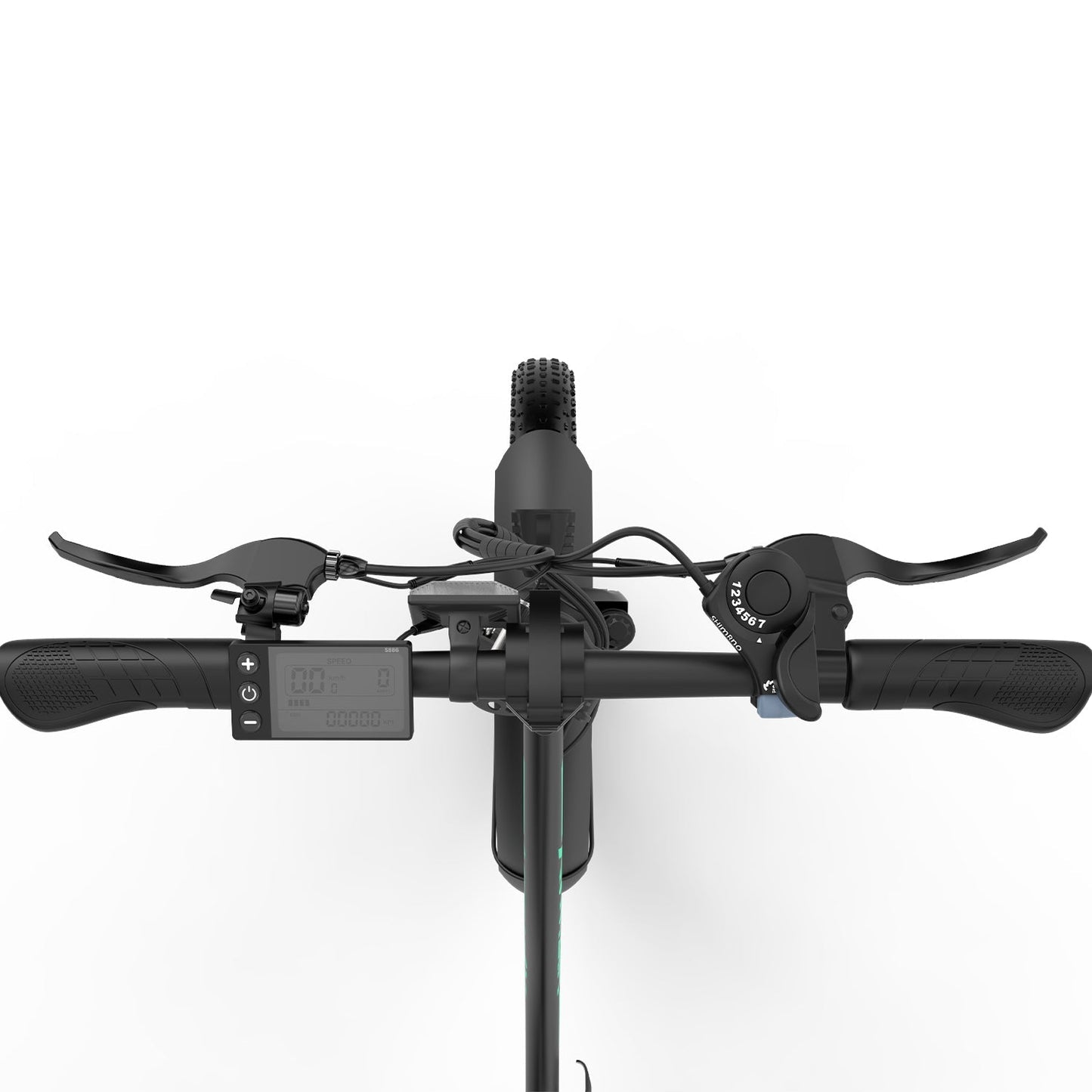 Närbild på HITWAY BK6S 3.0 elcykelns styre rakt framifrån med LCD-display, bromshandtag och reglage för elassistans