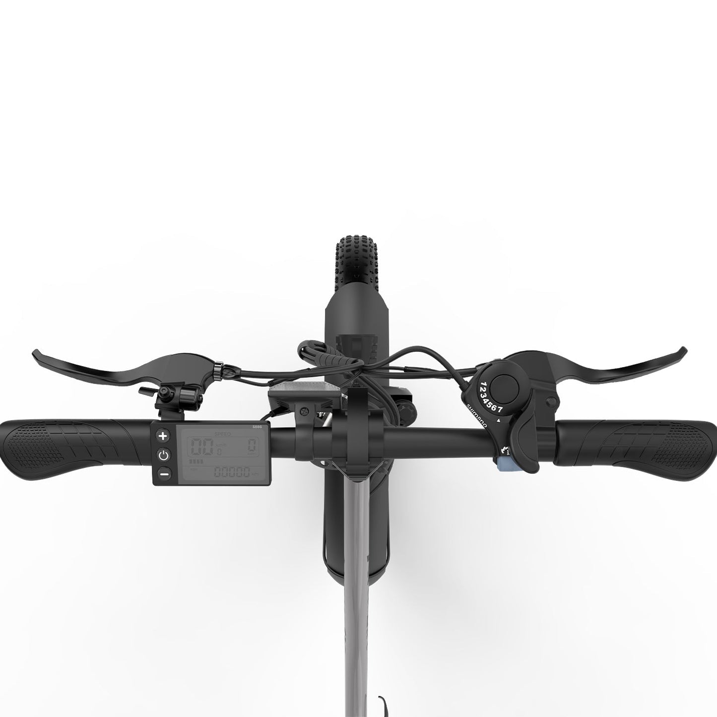 Närbild på HITWAY BK6S 3.0 elcykelns styre med LCD-display, bromshandtag och kontrollknappar för elassistans