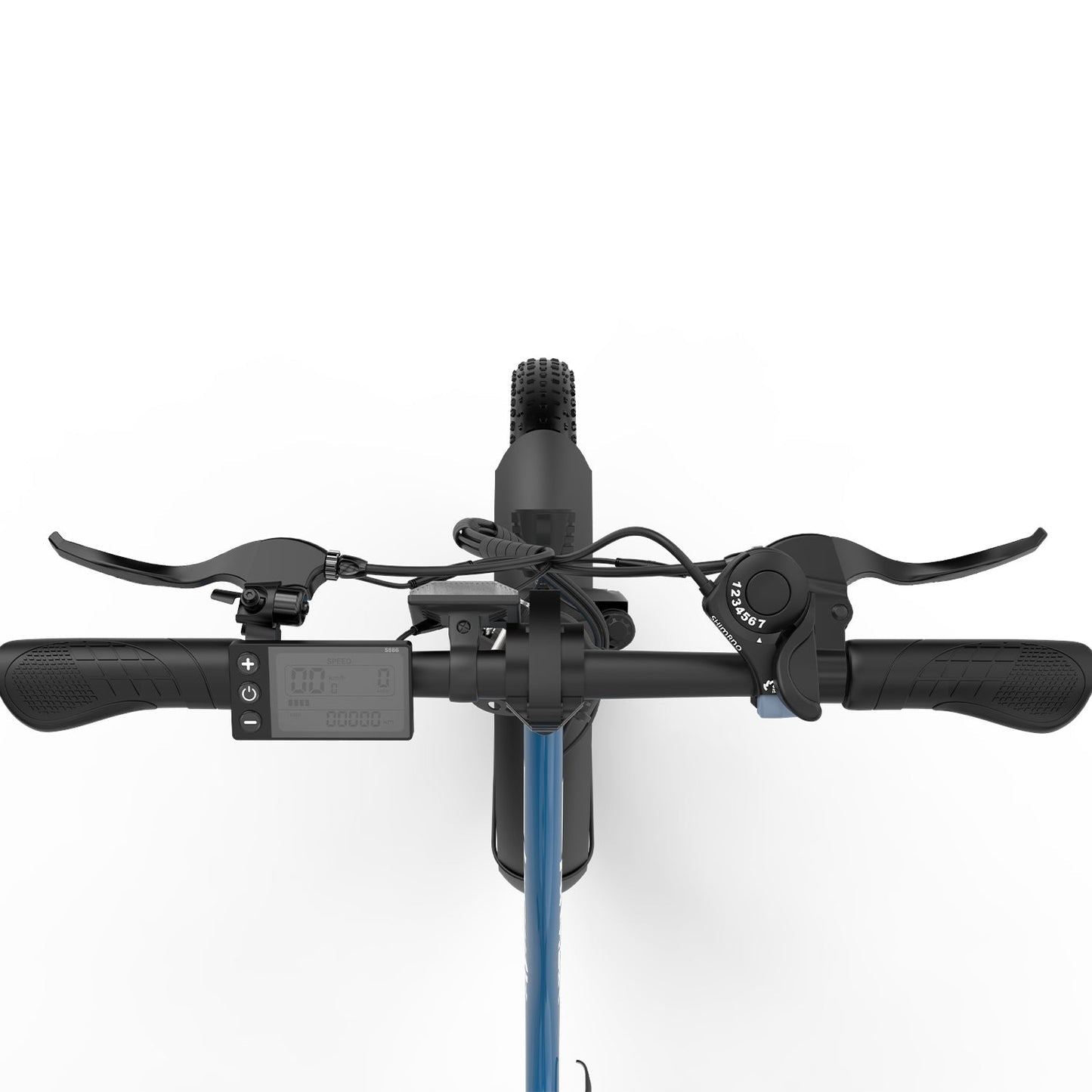Närbild på HITWAY BK6S 3.0 blå elcykel med styre, LCD-display, bromshandtag och reglage för elassistans