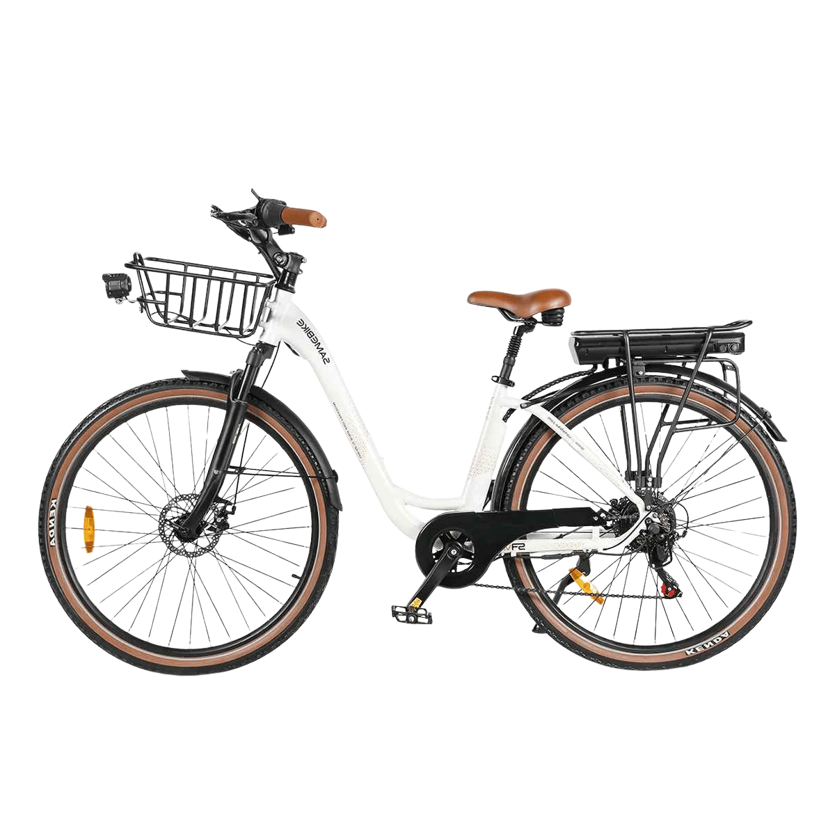 Hopfällbar elcykel i sjöblå färg med 28-tums aluminiumram, 250W motor och upp till 100 km räckvidd – perfekt för stad och pendling