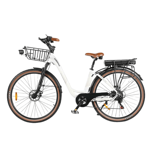 Hopfällbar elcykel i sjöblå färg med 28-tums aluminiumram, 250W motor och upp till 100 km räckvidd – perfekt för stad och pendling