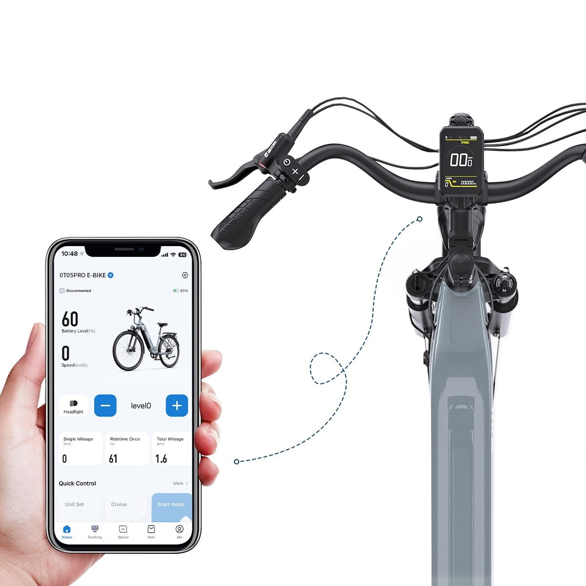 Smartphone kopplad till OneSport OT05 Pro elcykel med app för batteristatus och kördata