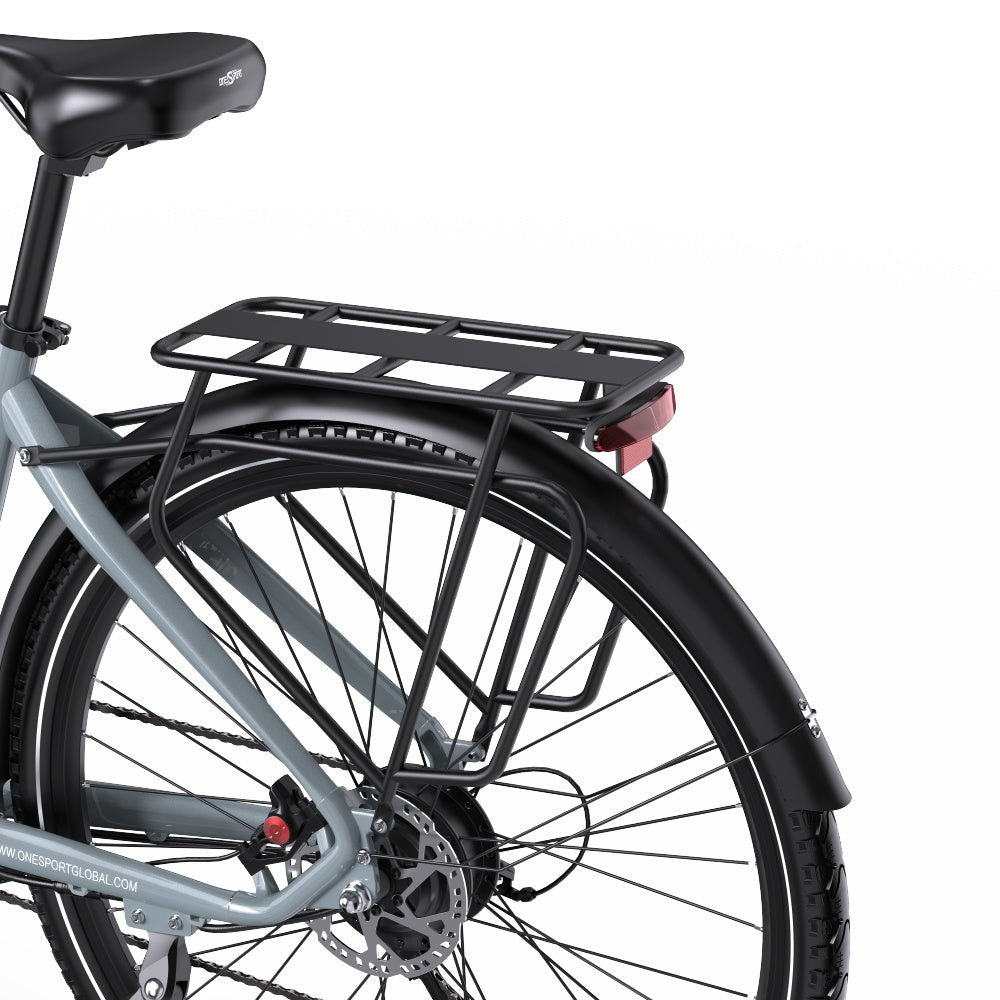 Bakre delen av OneSport OT05 Pro med stark pakethållare, LED-baklykta och hydraulisk skivbroms