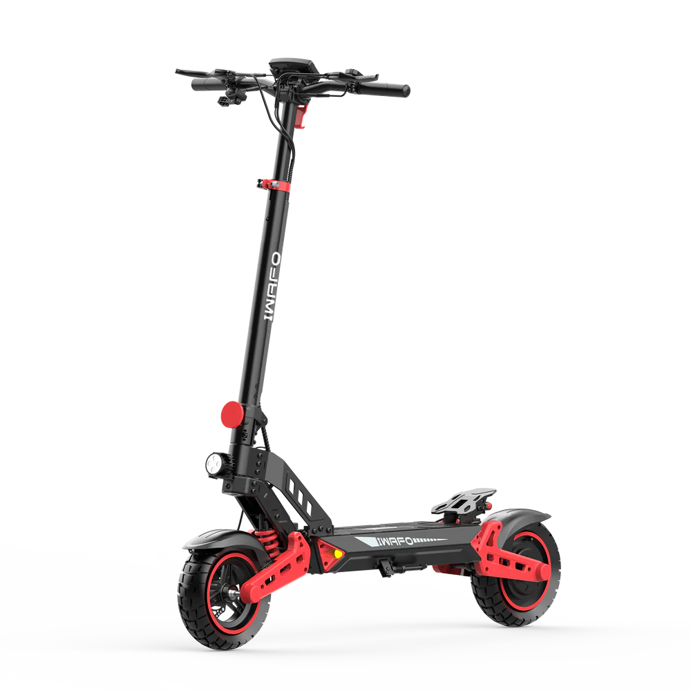 D2 elscooter med 500W motor, 40 km/h toppfart, LED-belysning och röd fjädring – vy framifrån i vinkel