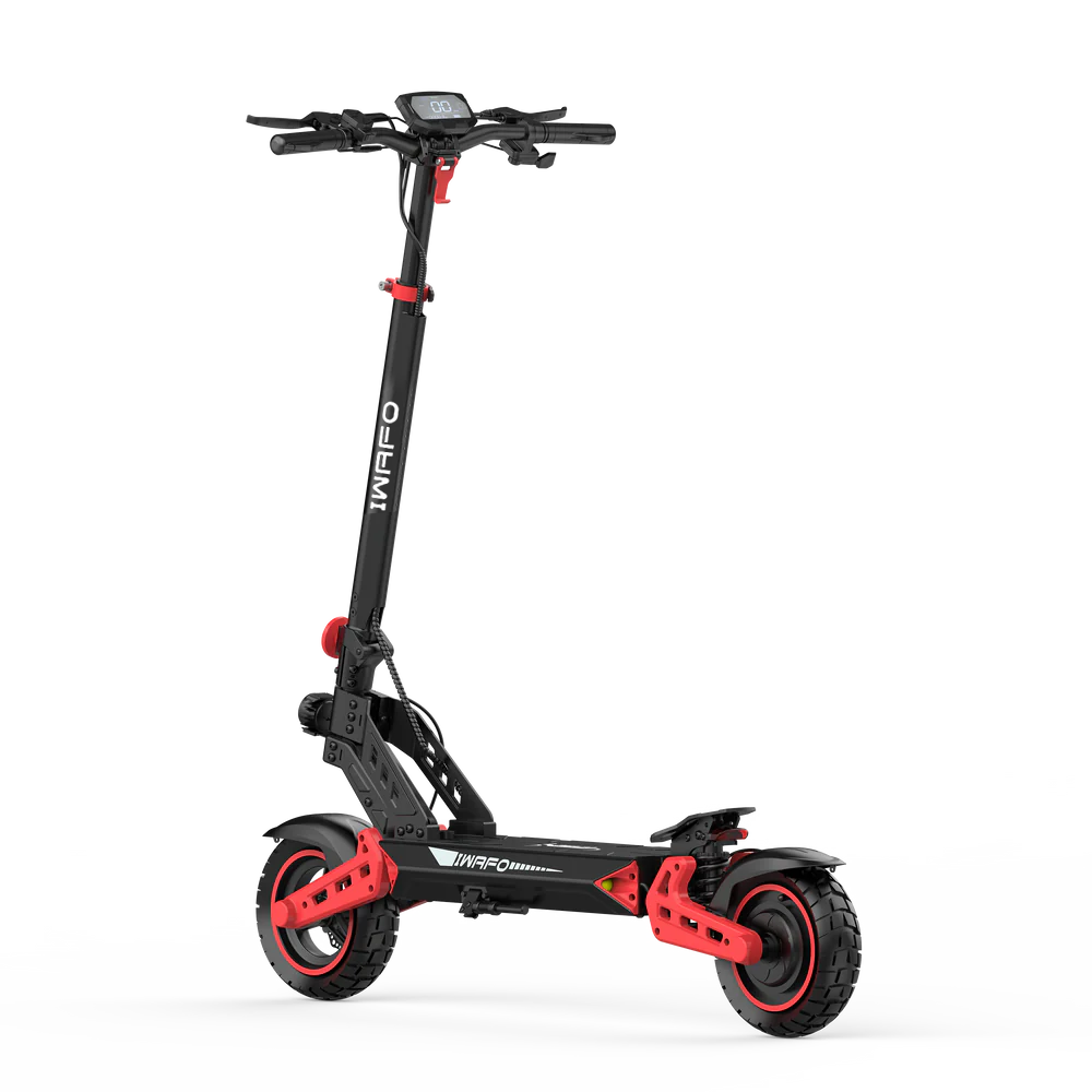 D2 elscooter med 500W motor, LCD-display, röd fjädring och robust svart design – sidovy