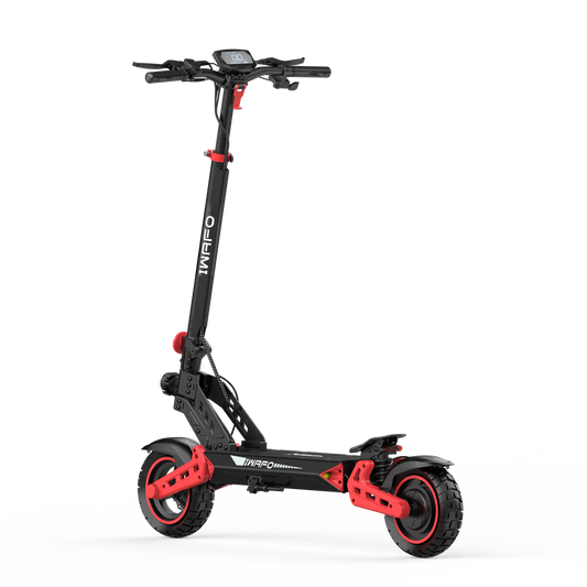 D2 elscooter med 500W motor, LCD-display, röd fjädring och robust svart design – sidovy