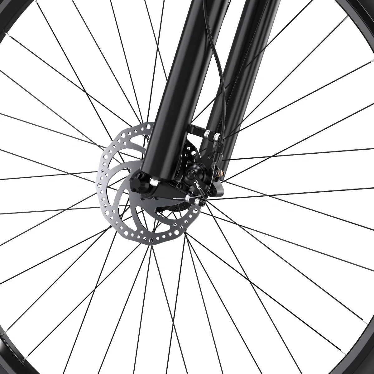 Närbild av framhjulet med skivbroms och fjädrad framgaffel på Duotts C29 Pro elcykel – säkerhet och komfort i fokus
