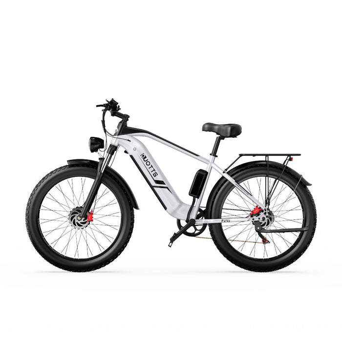 Duotts F26 Pro elcykel i vit design, visad från sidan med grova däck och kraftfull ram.