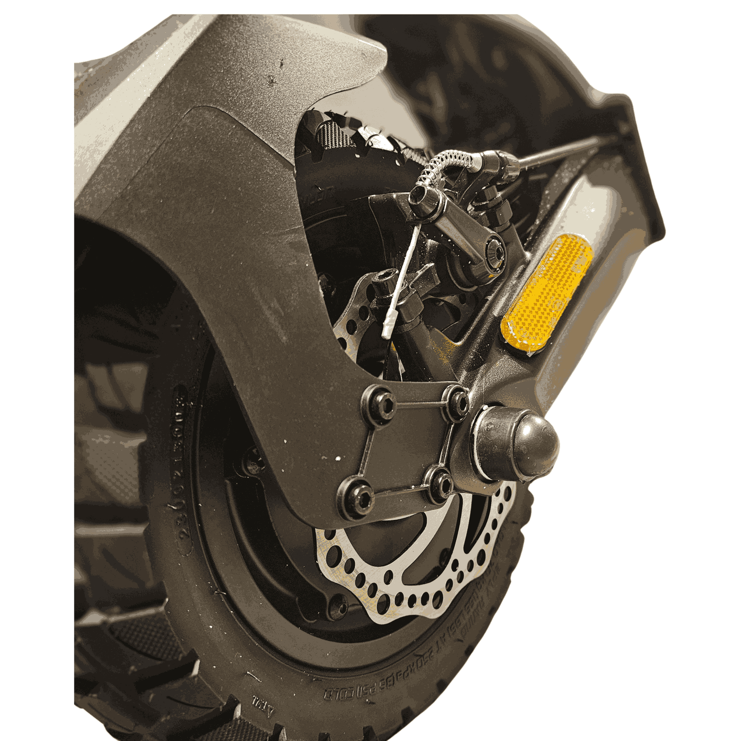 Närbild av EcoDrift elscooterns bakhjul med skivbroms, kraftig fjädring och reflex – designad för säker körning och stark bromskraft, jämförbar med premiumskotrar som Kaabo, Xiaomi och Segway Ninebot.