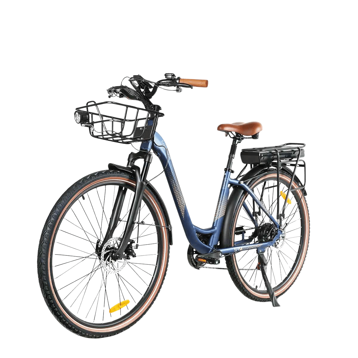 Marinblå Samebike elcykel för damer med 28-tums hjul, framkorg och bekväm sadel – idealisk för pendling och stadskörning