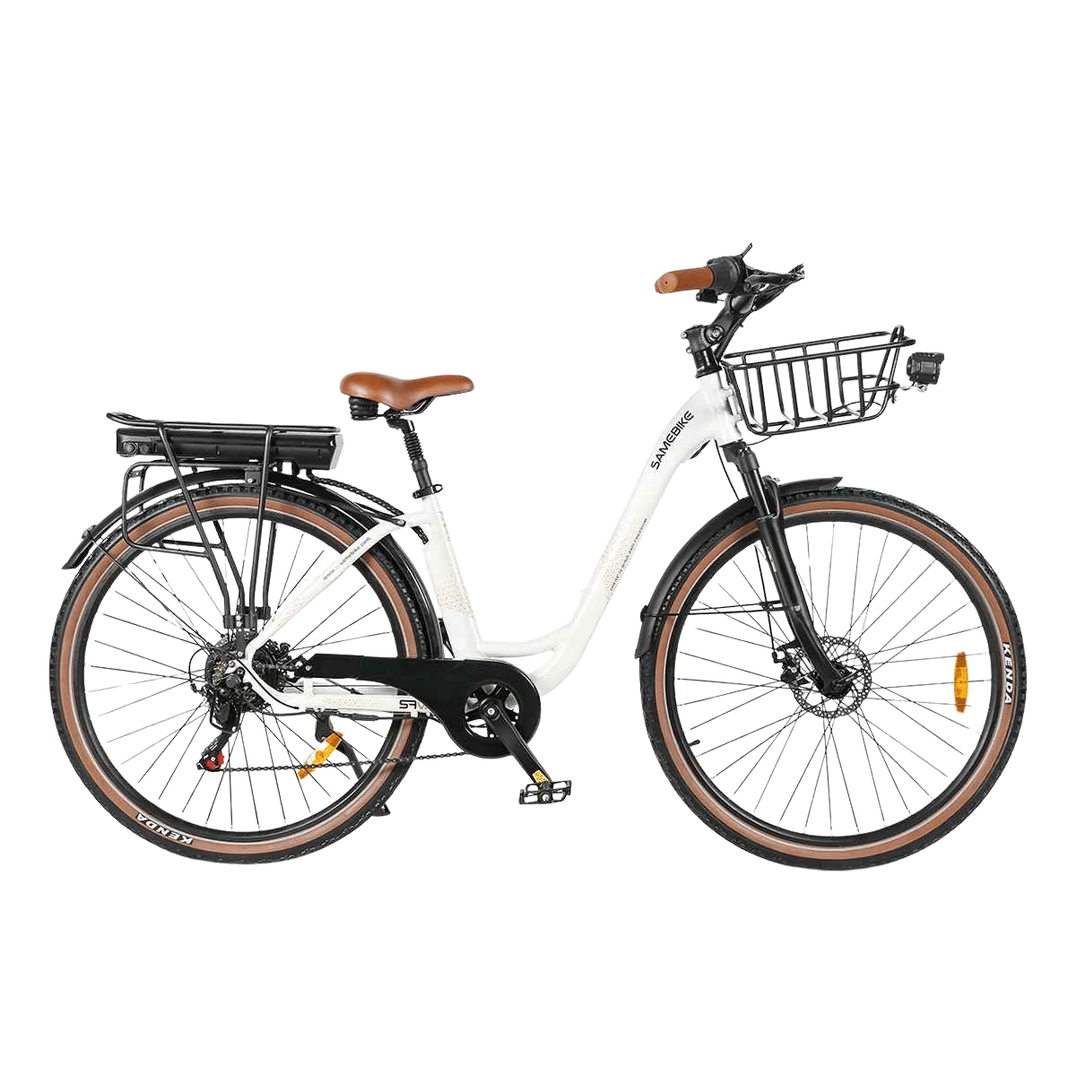 Vit Samebike elcykel för damer med 28-tums hjul, framkorg och bekväm sadel – perfekt för stadskörning och pendling