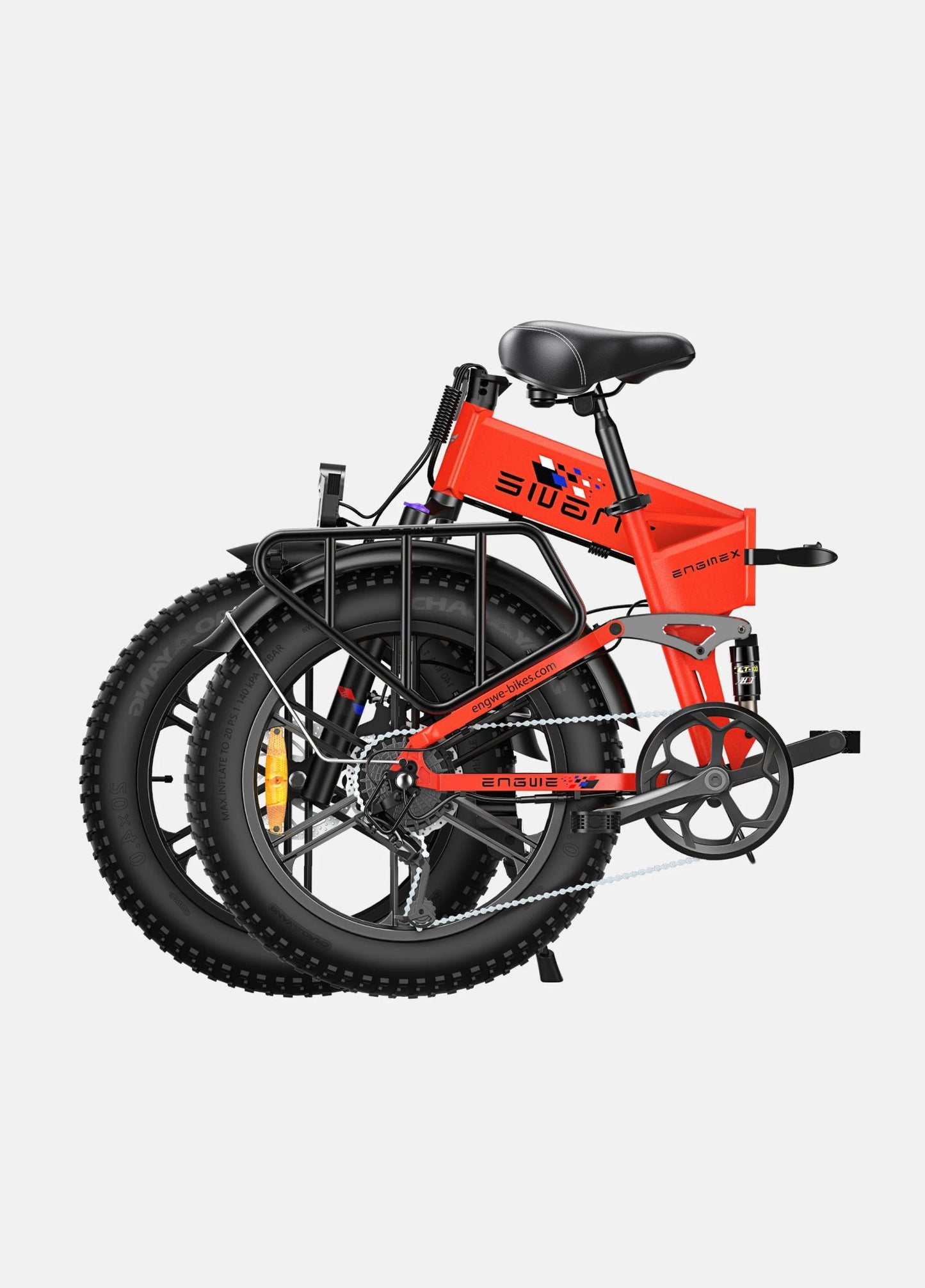 Hopfälld Engwe Engine X elcykel i rött – kompakt fatbike med breda däck och stark motor för enkel förvaring och transport