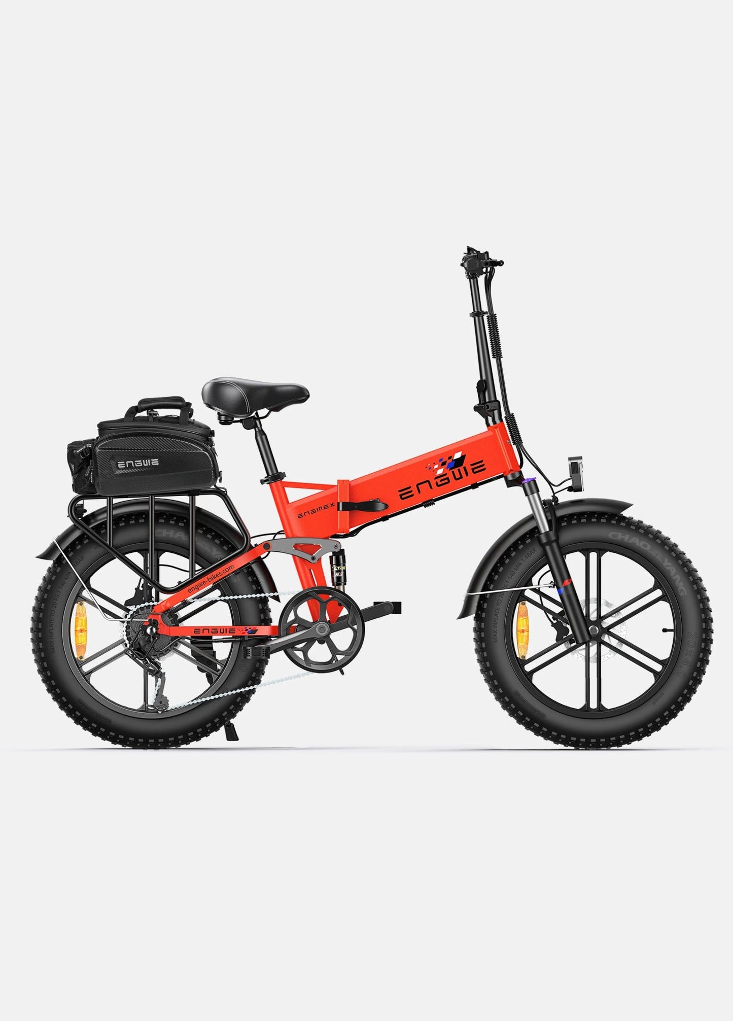 Engwe Engine X hopfällbar elcykel i rött – fatbike med breda däck, stark motor och praktisk packväska för stad och terräng