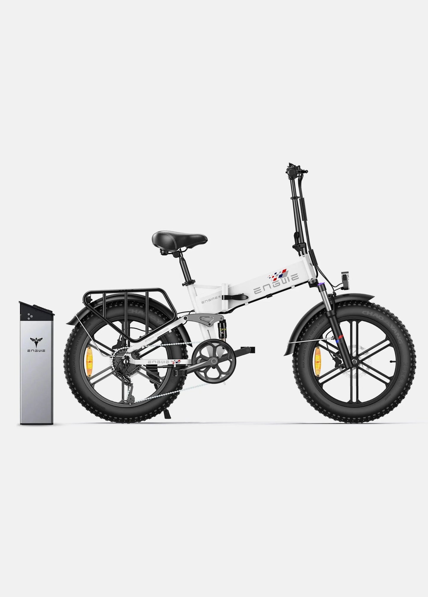 Vit Engwe Engine X hopfällbar elcykel – fatbike med breda däck och löstagbart batteri för längre räckvidd i stad och terräng