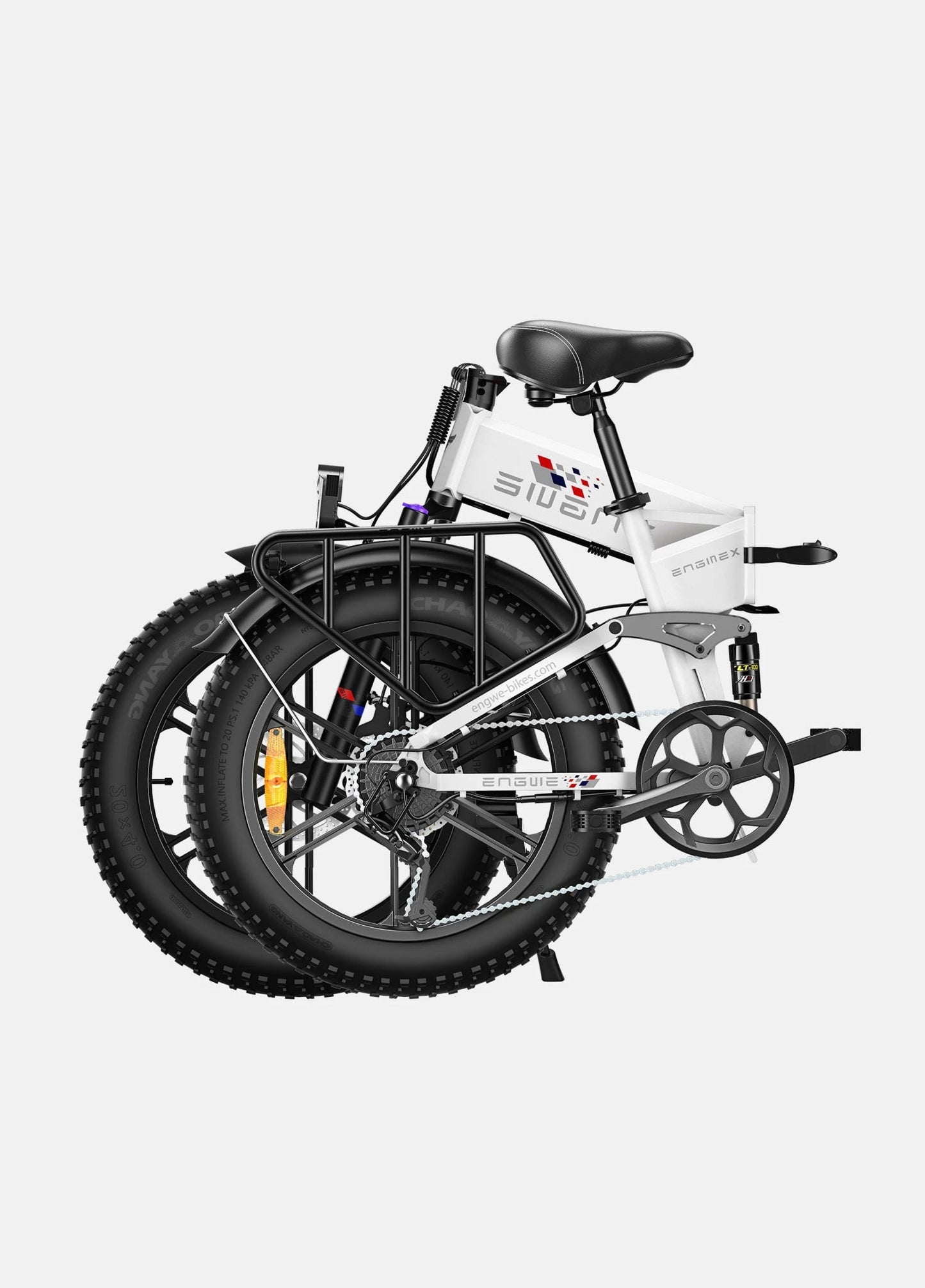 Hopfälld vit Engwe Engine X elcykel – kompakt fatbike med breda däck och stark motor för enkel förvaring och transport