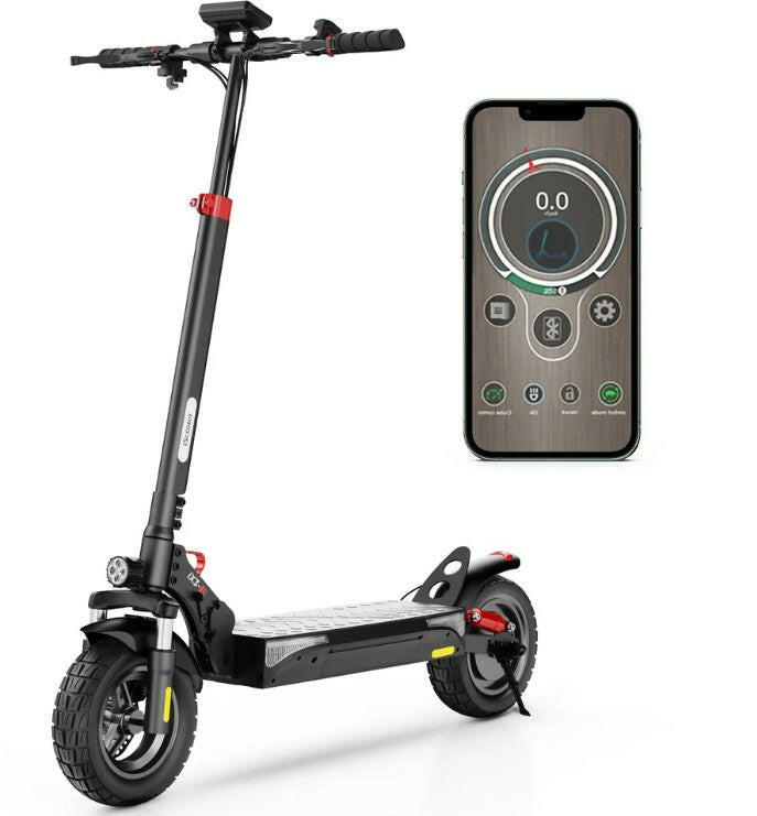 iScooter iX3 elscooter med smartphone och appstyrning via Bluetooth – visar batterinivå och hastighet