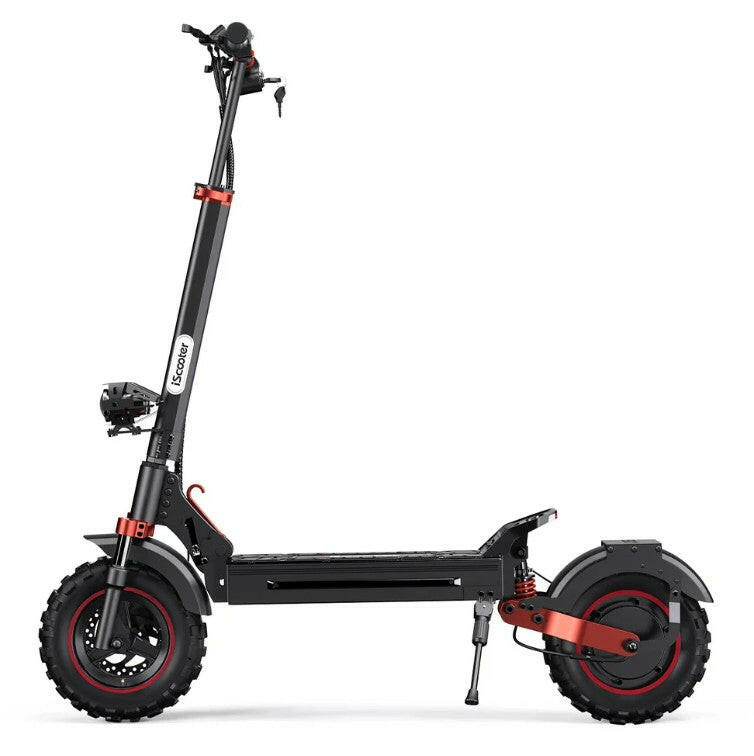 iScooter iX5S elscooter sedd från sidan med grova däck, 1000W motor och röda detaljer