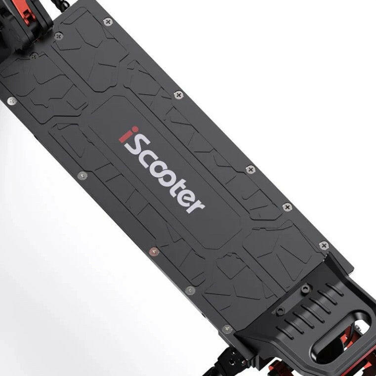 iScooter iX5S elscooter sedd ovanifrån med robust halkskydd och batterilucka i modern design