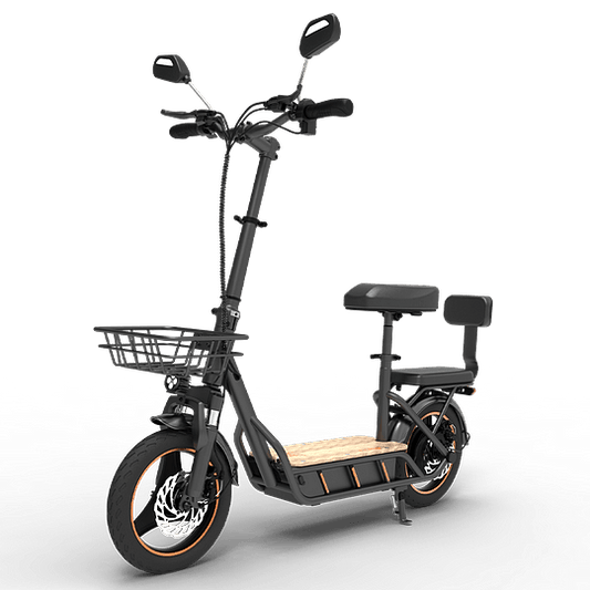 KuKirin C1 Pro elscooter med passagerarsäte, backspeglar och lastkorg – idealisk för stadskörning