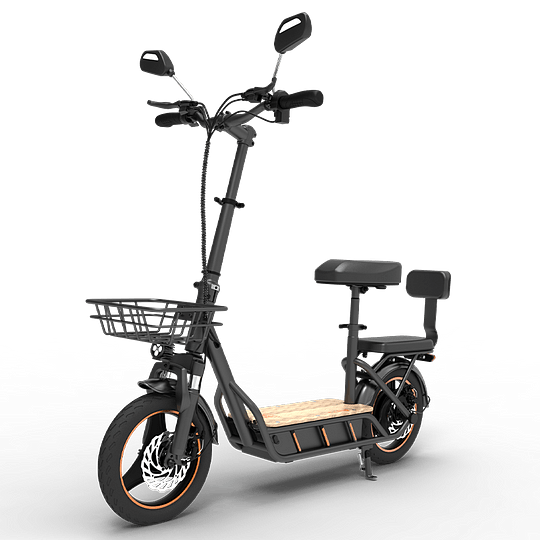 KuKirin C1 Pro elscooter med passagerarsäte, backspeglar och lastkorg – idealisk för stadskörning