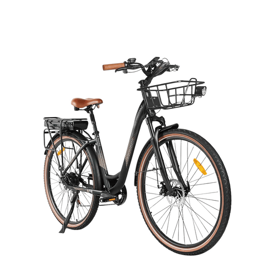 Samebike elcykel för damer – matt svart stadscykel med framkorg, 28-tums hjul och bekväm sadel för pendling och vardagsbruk