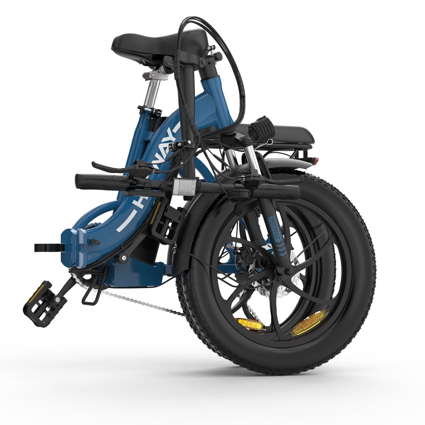 Hopfälld HITWAY BK6S 3.0 blå elcykel som visar dess kompakta och praktiska design för enkel transport och förvaring