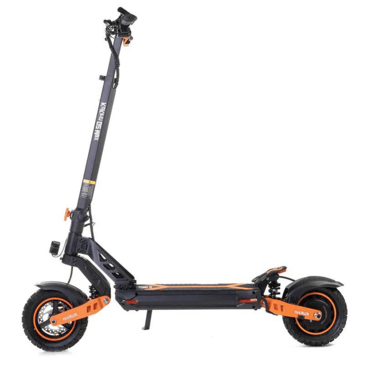 Svart och orange KuKirin G2 Max elscooter med kraftfull motor och robusta hjul för både stad och terräng.