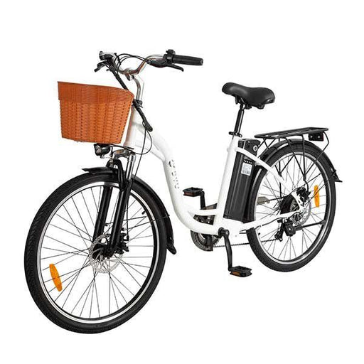 C6 elcykel för dam med lågt insteg, 7-växlad Shimano, framdämpning och elassistans upp till 25 km/h – perfekt för bekväm och stilren stadskörning.