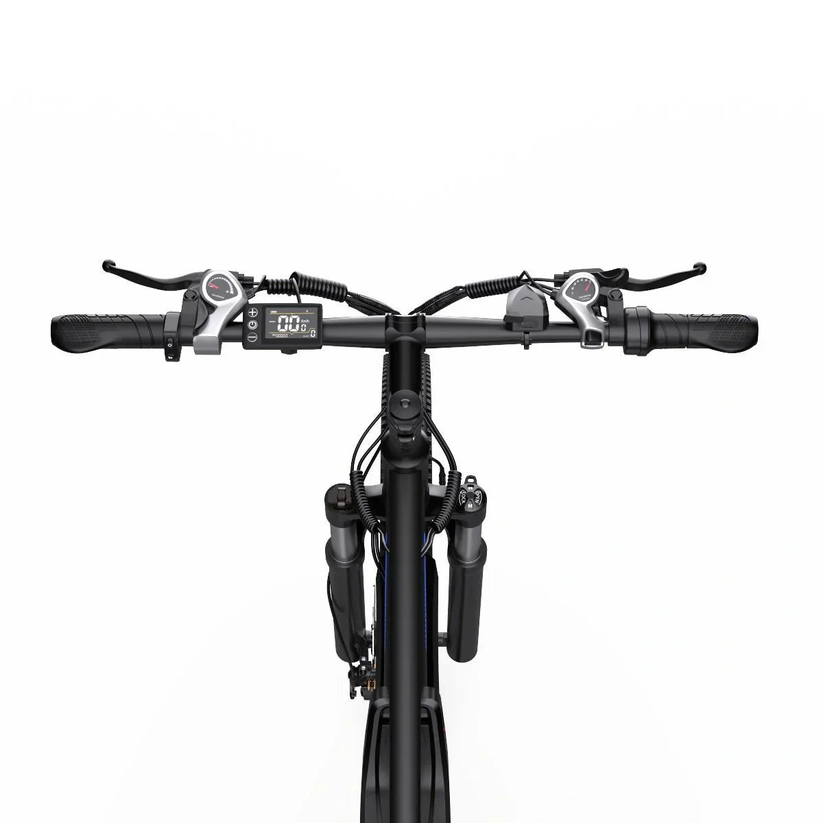 Frontal vy av styret på Duotts C29 Pro elcykel – LCD-display, växelreglage och bromshandtag
