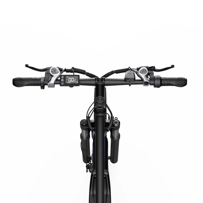 Frontal vy av styret på Duotts C29 Pro elcykel – LCD-display, växelreglage och bromshandtag

