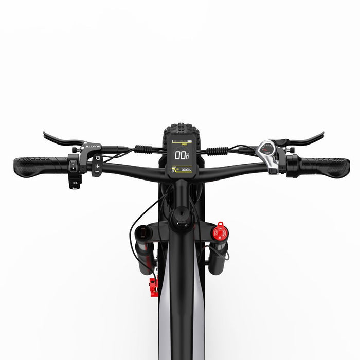 Måttbild för Duotts F26 Pro elcykel med tydliga mått för höjd och längd.