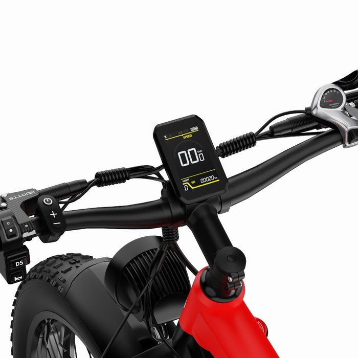 Frontalvy på styret med handtag, display och bromshandtag på Duotts F26 Pro elcykel.