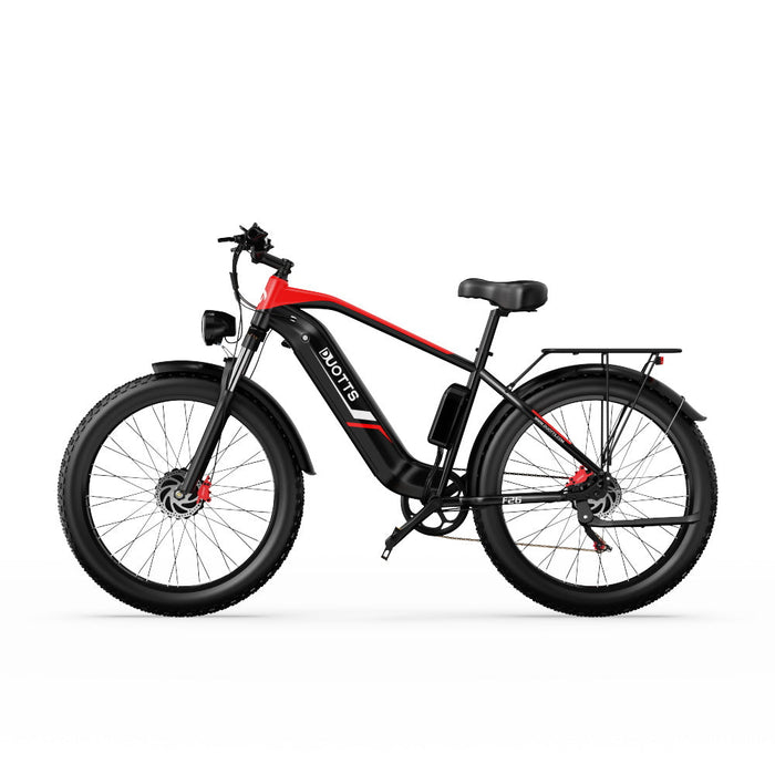 Duotts F26 Pro i svart och röd färg, sedd från sidan med sportig och aggressiv design.