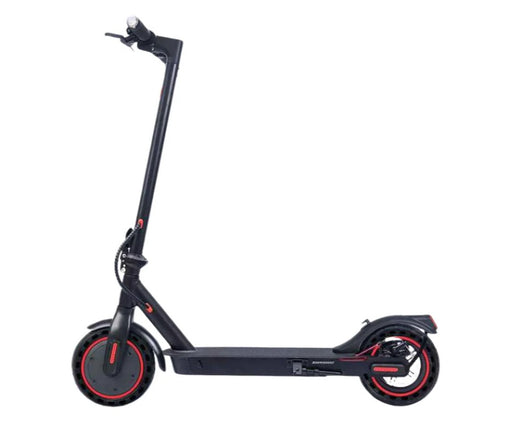 EcoDrift E9 Pro elscooter i svart färg, visad från sidan med röda detaljer, 8,5-tums punkteringsfria däck och stilren stadsvänlig design.
