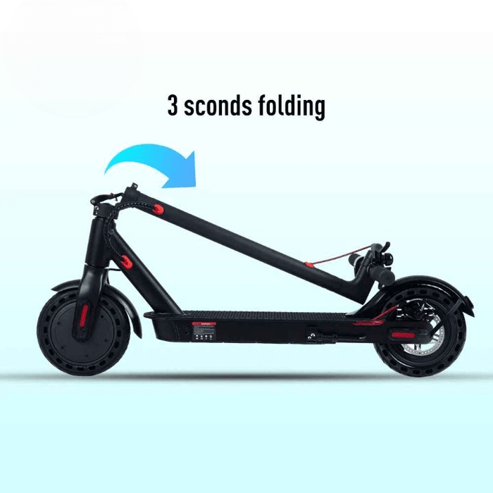 EcoDrift E9 Pro elscooter hopfälld med en blå pil ovanför och texten "3 seconds folding" – visar hur snabbt den kan fällas ihop för enkel transport och förvaring.