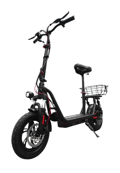 EcoDrift EB5 elscooter sedd framifrån i vinkel, med hög styre, bekvämt säte och praktisk korg – perfekt för vuxna som söker både komfort och funktion i stadsmiljö.
