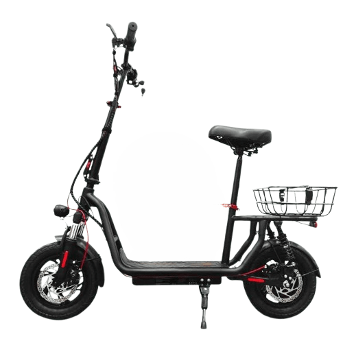 EcoDrift EB5 elscooter med stort säte, fram- och bakljus, korg baktill och 500W motor – idealisk för vuxna som söker bekväm pendling med extra lastutrymme.