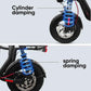 Närbild av EcoDrift EB5 elscooter som visar framfjädring med cylinderdämpning och bakfjädring med spiralfjäder. Bilden demonstrerar skoterns dubbla stötdämpningssystem.