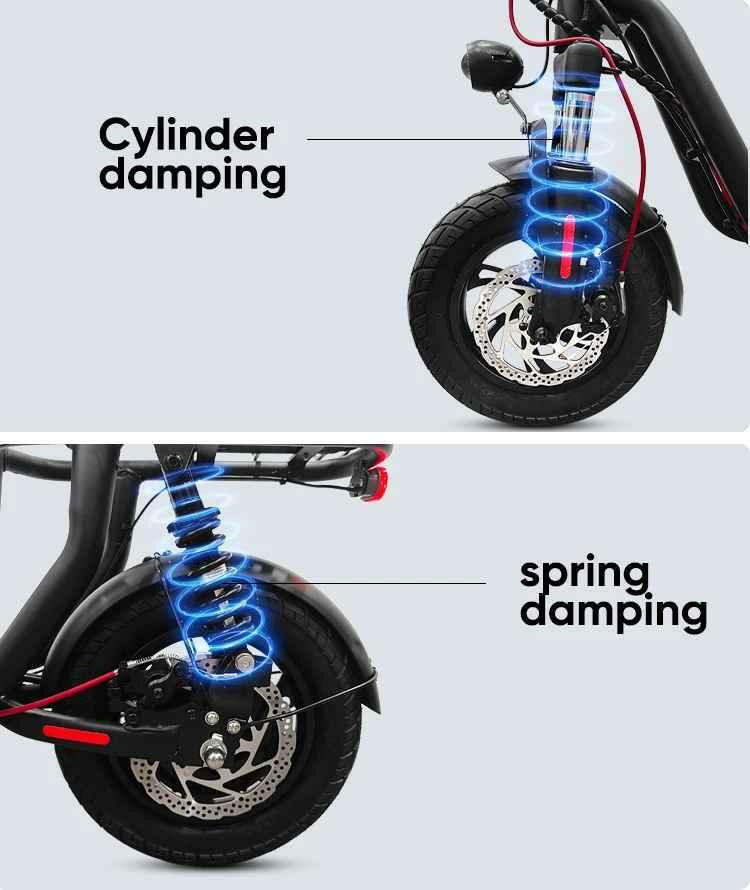 Närbild av EcoDrift EB5 elscooter som visar framfjädring med cylinderdämpning och bakfjädring med spiralfjäder. Bilden demonstrerar skoterns dubbla stötdämpningssystem.