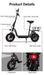 Produktdetaljer för EcoDrift EB5 elscooter med säte, justerbar höjd på styre och sadel, hopfällbar design, skivbromsar fram och bak, samt framlykta och bromsljus.