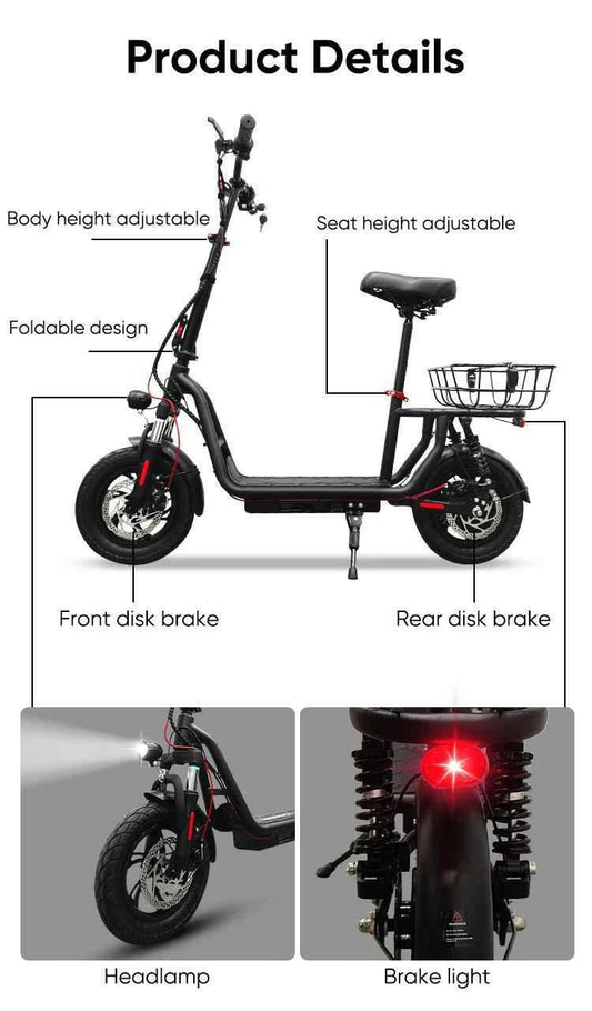 Produktdetaljer för EcoDrift EB5 elscooter med säte, justerbar höjd på styre och sadel, hopfällbar design, skivbromsar fram och bak, samt framlykta och bromsljus.