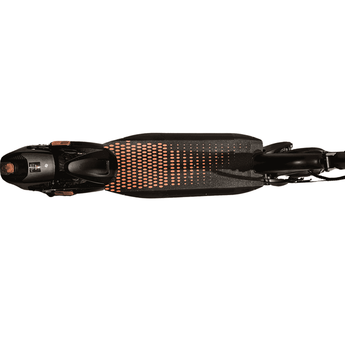 Elscooter från EcoDrift fotograferad ovanifrån – visar ergonomisk sadel, LED-däckmönster och bred fotplatta. Ett utmärkt elskoter-alternativ till Xiaomi, Ninebot och E-Wheels för vuxna pendlare.
