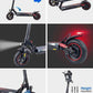 Collage med sex bilder som visar EcoDrift T4 elscooter: hopfällbar design, LED-strålkastare, bakljus, fjädring, stora däck och höjdjusterbart styre. GPS-funktion och 600W motor.