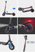 Collage med sex bilder som visar EcoDrift T4 elscooter: hopfällbar design, LED-strålkastare, bakljus, fjädring, stora däck och höjdjusterbart styre. GPS-funktion och 600W motor.