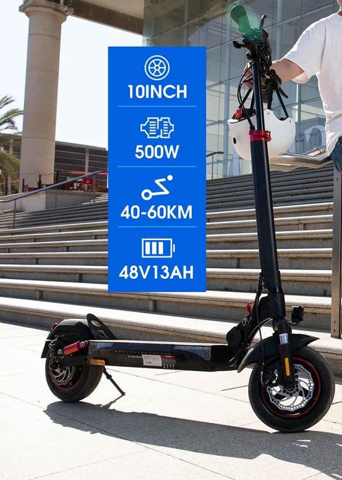 EcoDrift T4 elscooter med 10-tums hjul, 600W motor, 48V 13Ah batteri och upp till 60 km räckvidd. Visas parkerad vid en trappa med blå specifikationsskylt i bild.
